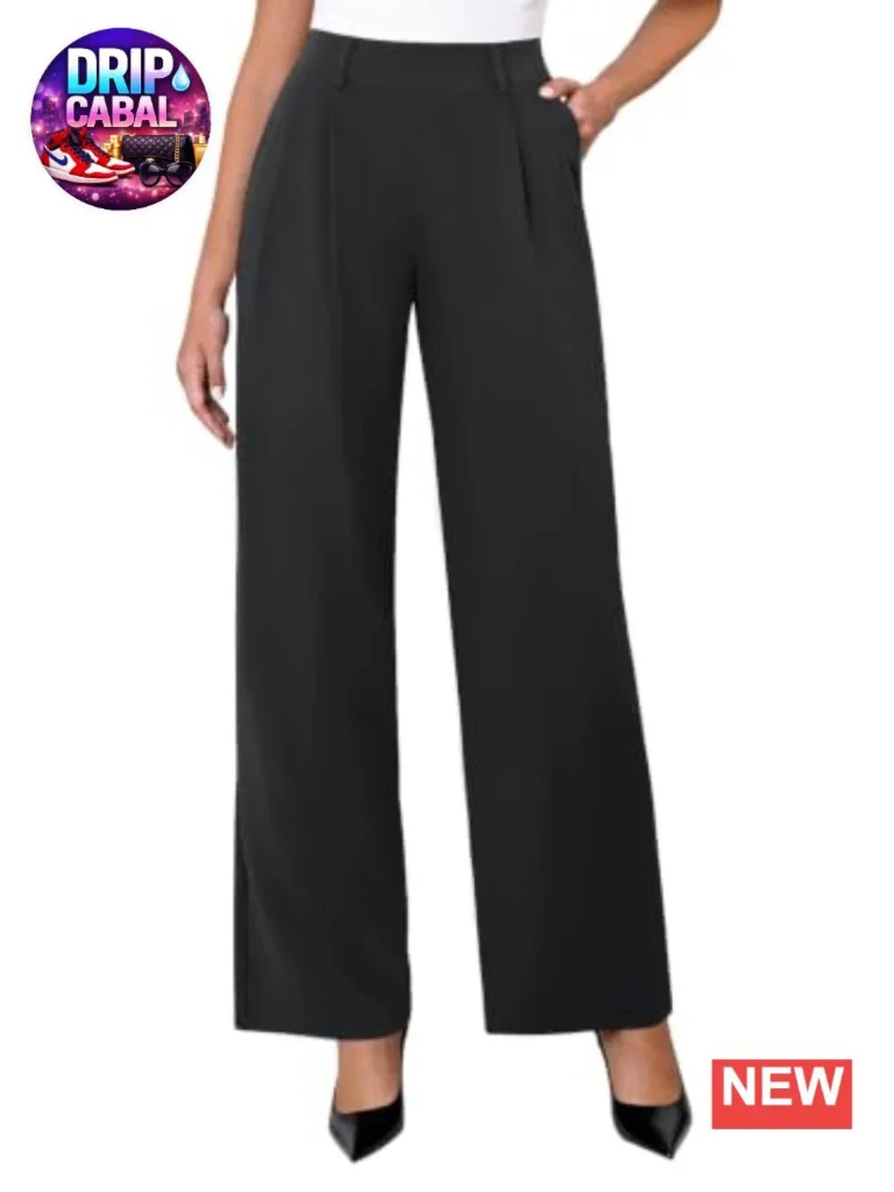 Wide Leg Pull-On Dress Pants with Pockets High Waisted Stretchy Work Trousers